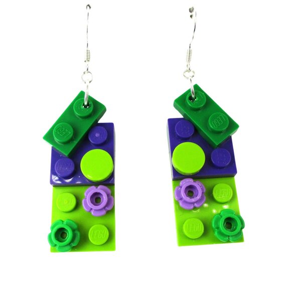 Green & Purple Lego Brick Designer Earrings, Nickel Free, Sterling Silver Plated - Picture 1 of 2